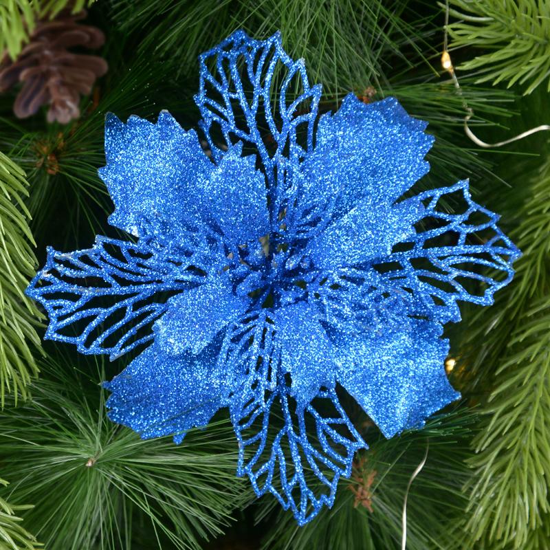 5 Stück 9-16cm Glitzer Künstliche Weihnachtsblumen Weihnachtsbaumschmuck für Zuhause Kunstblumen Weihnachtsornamente Neujahrsdeko 9cm königsblau