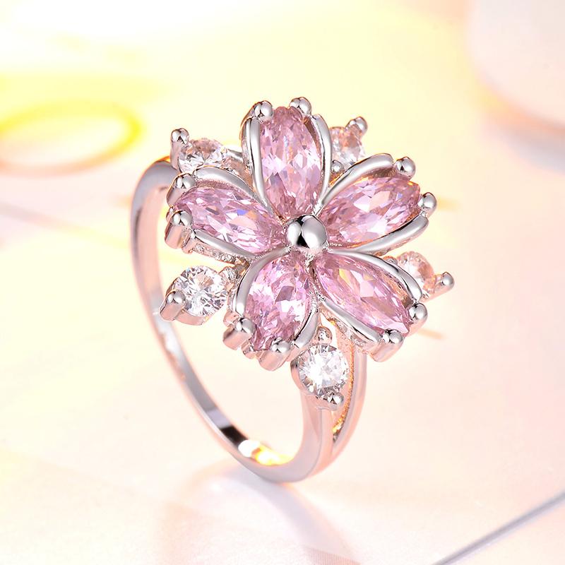 Elegante Mode Kirschblüten Prinzessin Verlobungsringe für Braut Schmuck Romantische Kirschblüte Zirkon Damen Ringe 8 gray