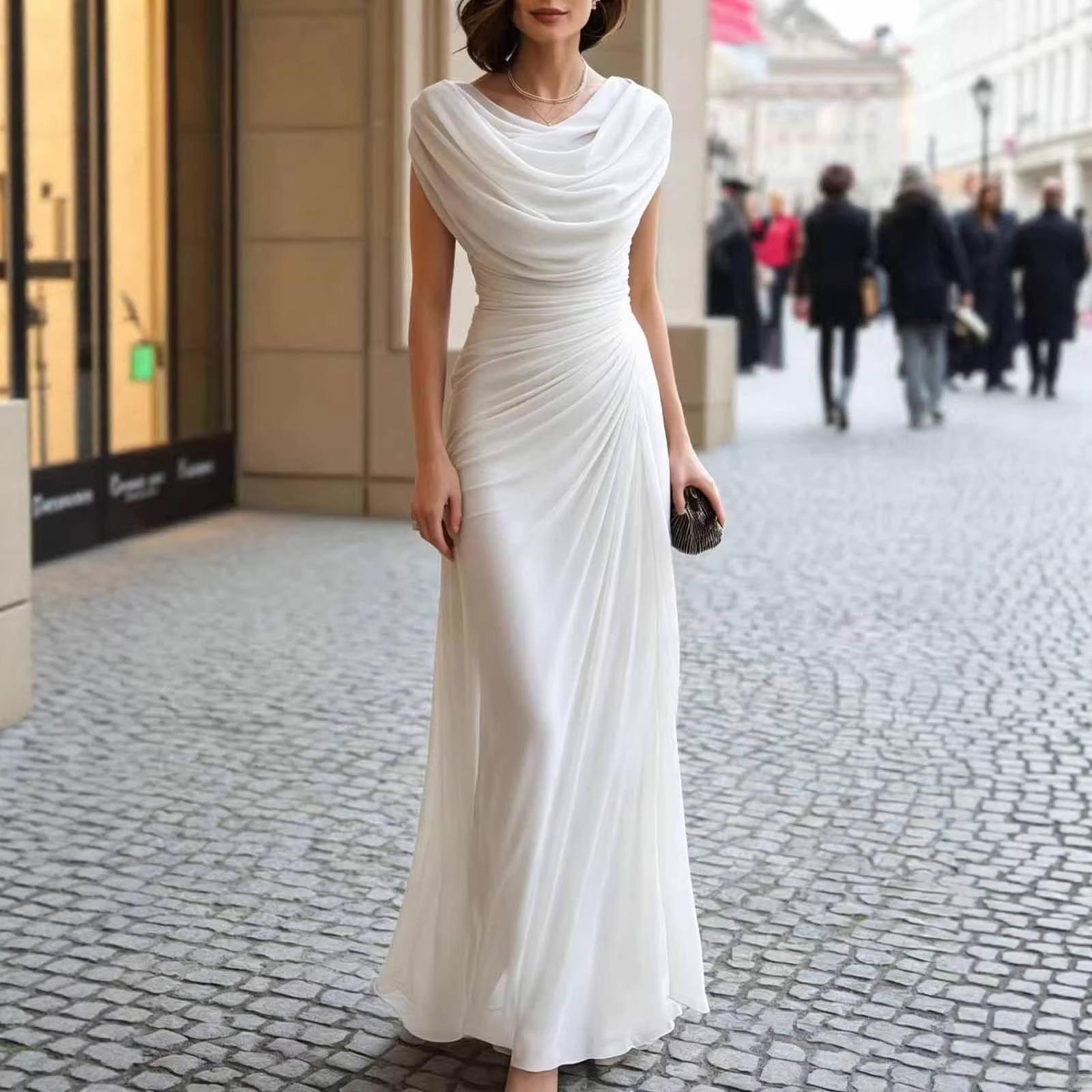 Damen Neckline Maxikleid Elegant Lang Abendkleid Ärmellos Formell Partykleidung Bodenlang L weiß