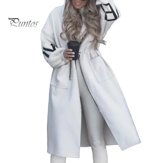 Damen Wintermantel mit Kapuze und Seitentaschen Patchwork Strickärmel Oberbekleidung Buchstabenmuster Locker Mittellang Kordelzug Taille Einfarbig Mantel S weiß