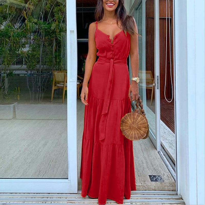 GMXIA Sommer Damenmode Temperament V-Ausschnitt mittellanges Neckholderkleid M rot