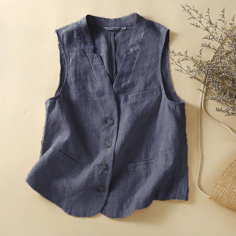 Vintage Damen Weste Baumwolle Leinen Lässig Locker Weste Oberbekleidung Einreihig V-Ausschnitt Ärmellos Westen Jacken 2024 Sommer Top M