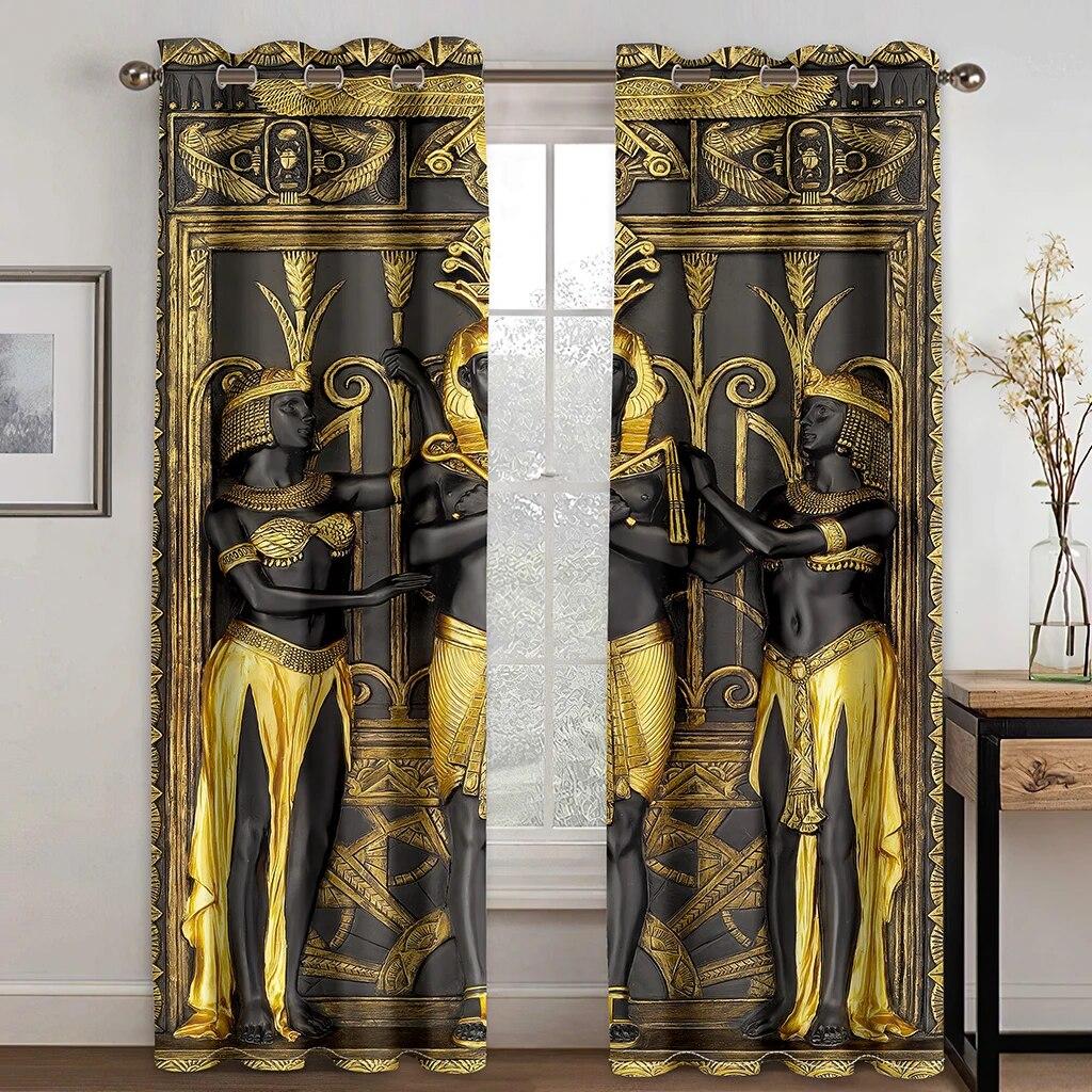 Vorhänge mit ägyptischer Schrift auf Stein, antike alte indigene Zivilisation, für Wohnzimmer, Schlafzimmer, Fenstervorhänge, 2 Paneel-Set W90xH220(CM)x2PCS-Grommet Top