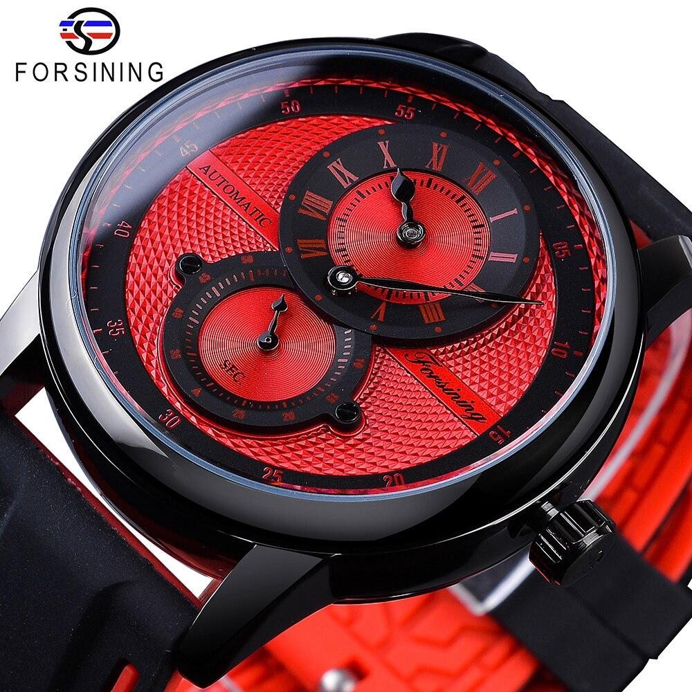 Forsining Mode Weiß Blau Automatische Armbanduhr Transparent Wasserdicht Männer Mechanische Uhr Silikon Band Casual Sport Uhr rot