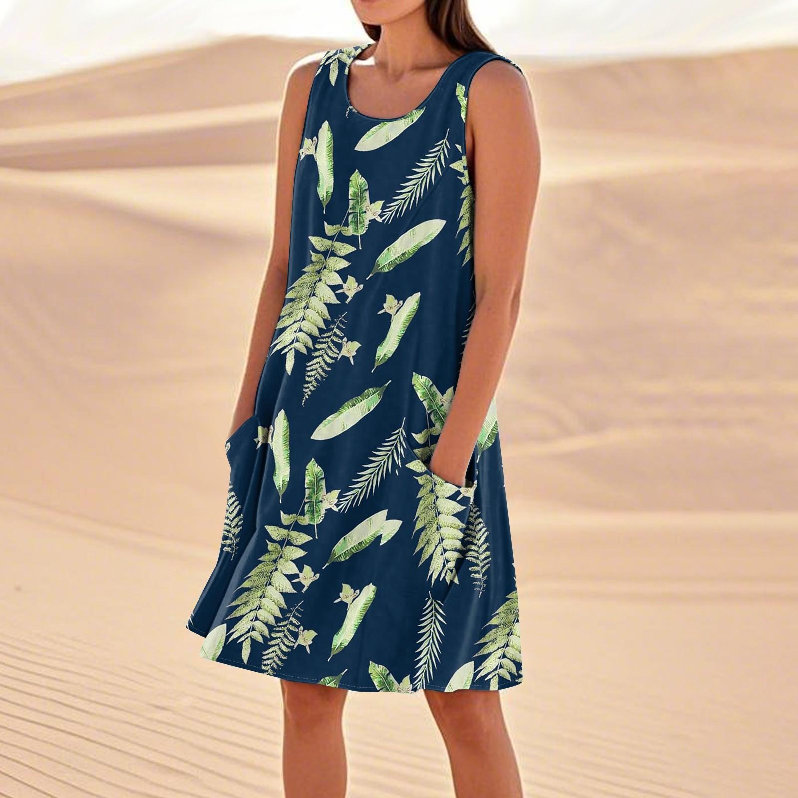 Sommerkleider für Damen, lockerer Strandurlaub, lässig, ärmellos, Sommerkleider mit Taschen, Tankkleid L dunkelgrüne