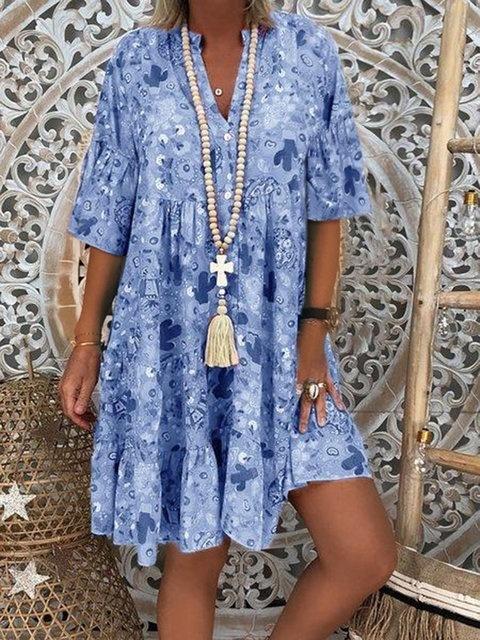 Plus Size Damenmode, locker, lässig, V-Ausschnitt, langärmelig, Blumendruck, Sommerkleid 5XL blau
