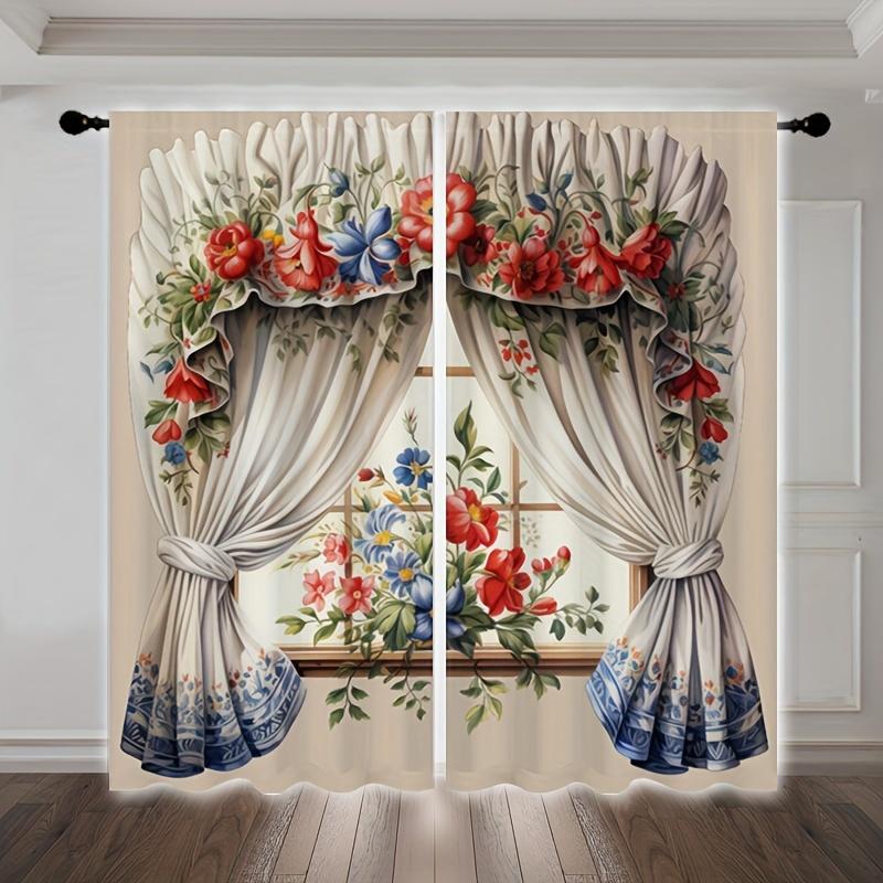 Zwei Stück Europäischer Designstil Retro 3D-Bedruckt Transluzente Vorhänge Mehrzweck Polyester Stangentasche Stil Tasche Dekorative Vorhänge Ideal 100W130H(CM)40x51in&rod pocket