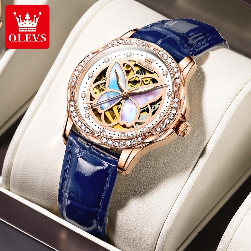 OLEVS Markenuhr, Keramik, Perlmutterfalter, Schmetterling, mechanische Uhr, modische Damenuhr, Damenuhr