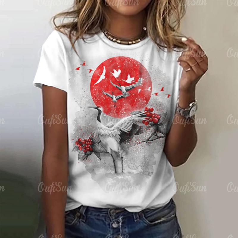 Damen T-Shirt im chinesischen Stil 3D-Druck Harajuku Kleidung für Damen Sommer O-Ausschnitt Lässig Kurzarm Tees Damen Übergröße Oberteile L