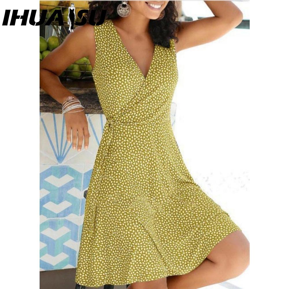 IHUASU Gepunktetes Kleid Damen Ärmellos Bandage Strandkleid Sommer Böhmische Kleider für Damen Lässige V-Ausschnitt Kleider Damenrobe M gelb
