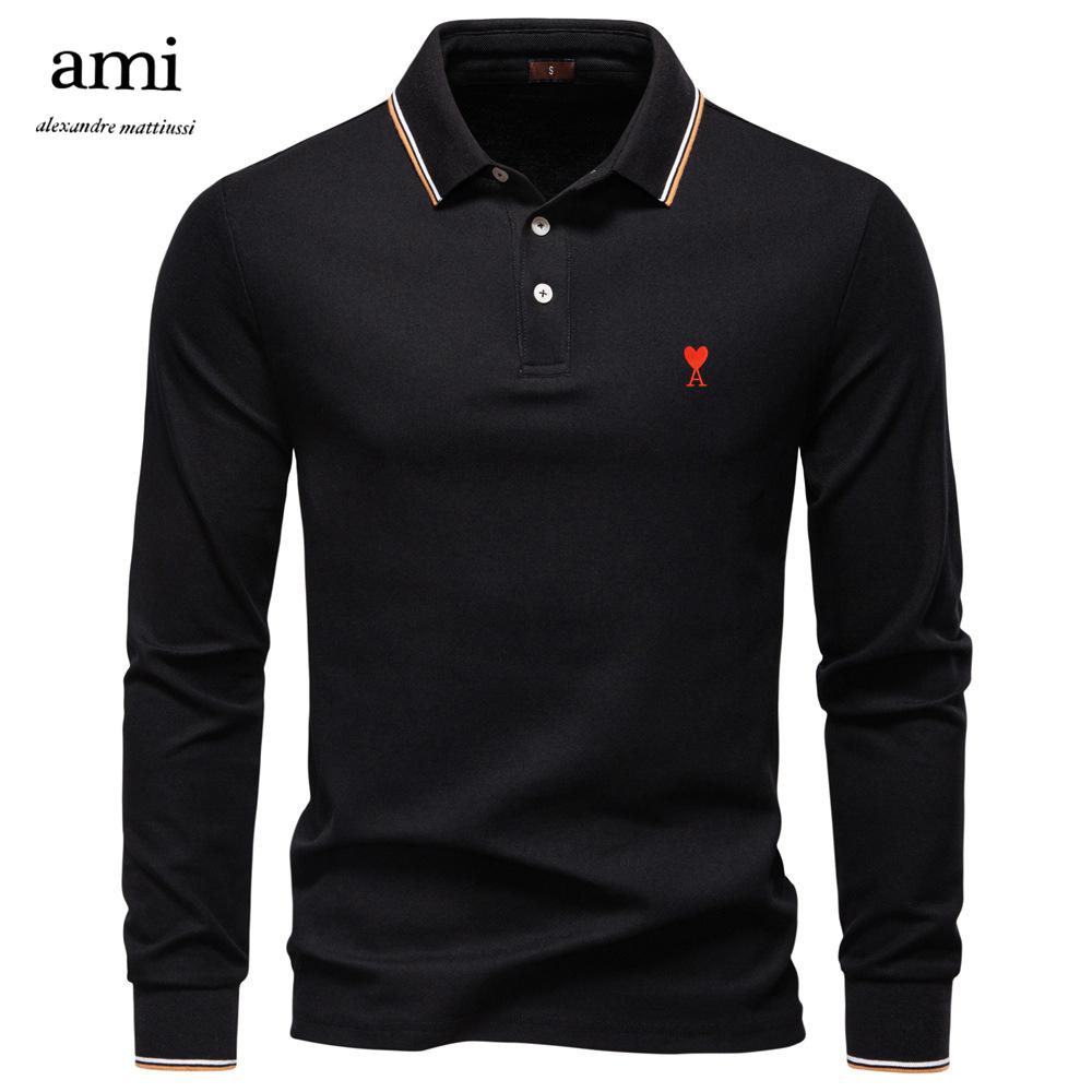 AMI 2025 Herbst Neues Stickerei Herren Langarm Poloshirt, Einfarbiges Herren Oberteil mit Kragen, Vielseitiges Poloshirt für Herren XL