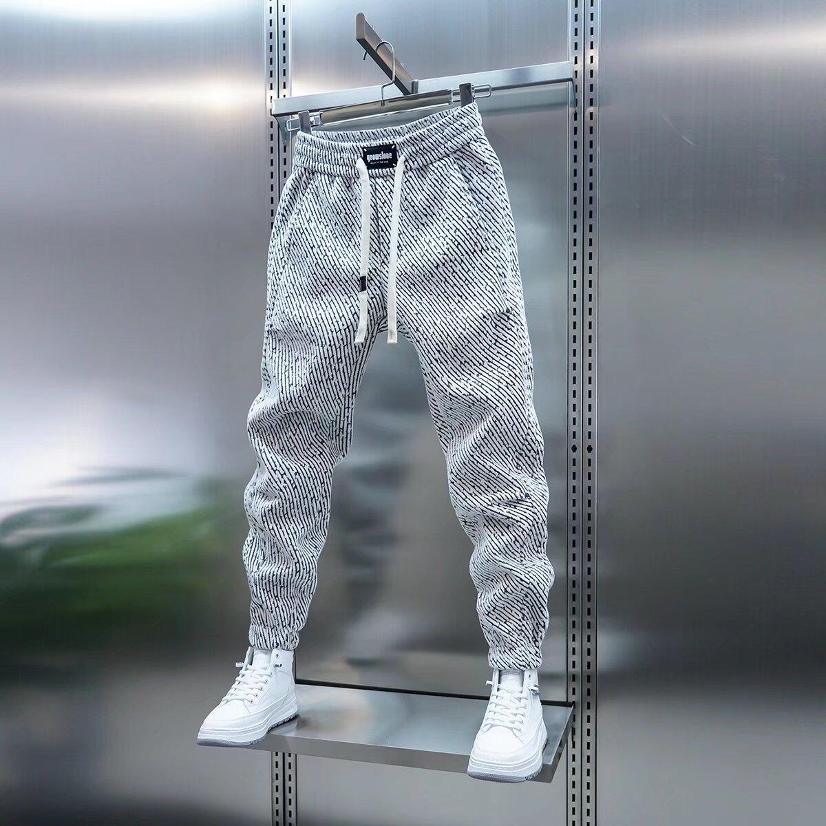 Frühling Herbst Herren Haremshose Zebrastreifen Hose Sportbekleidung Cargo Jogginghose Gebürstet Lockerer Bund Vielseitige Hose M weiß