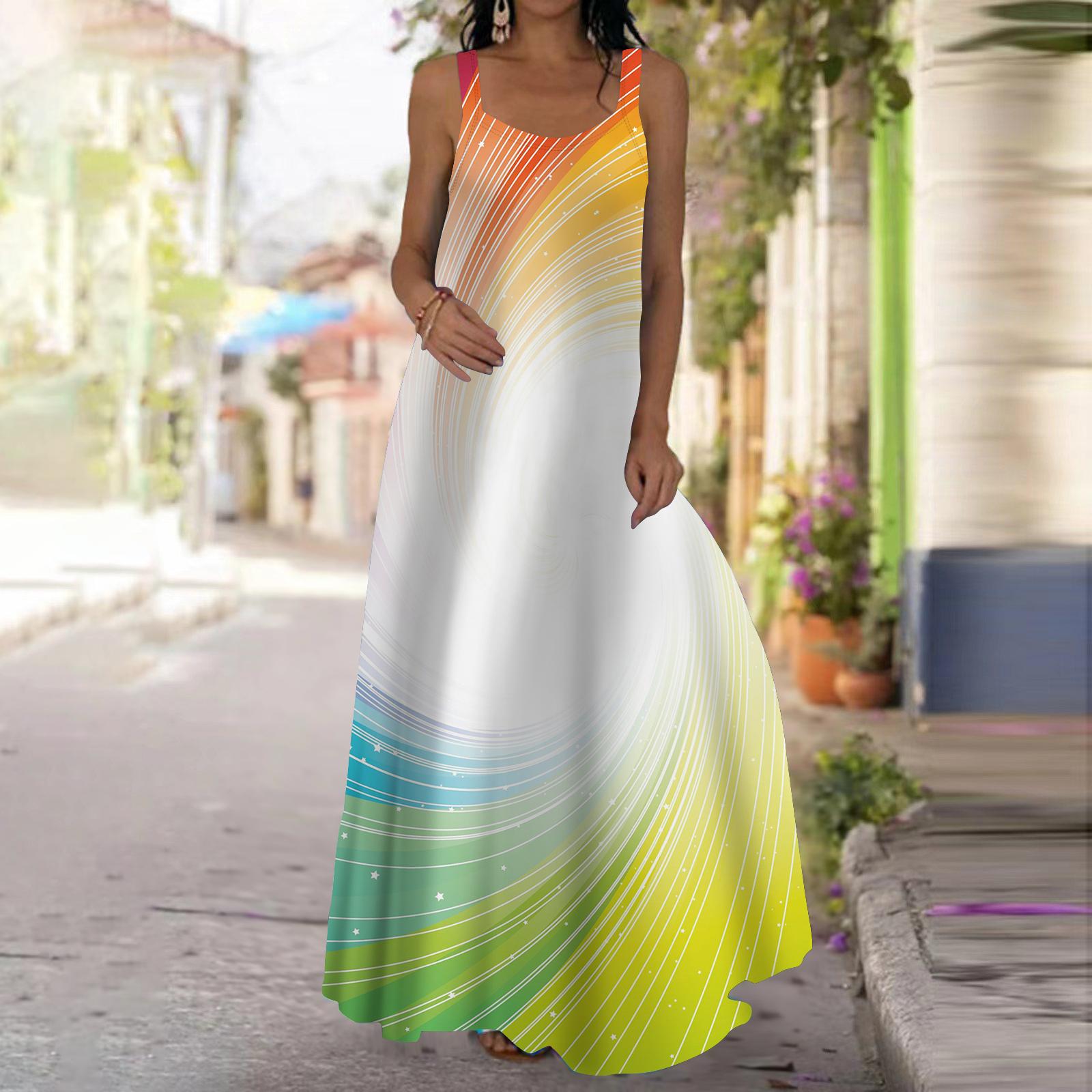 Damen Slip-Kleid Maxi Langes Kleid Sternenregenbogen-Print Kleid Frühling & Sommer V-Ausschnitt Freizeit Urlaub 3XL grün