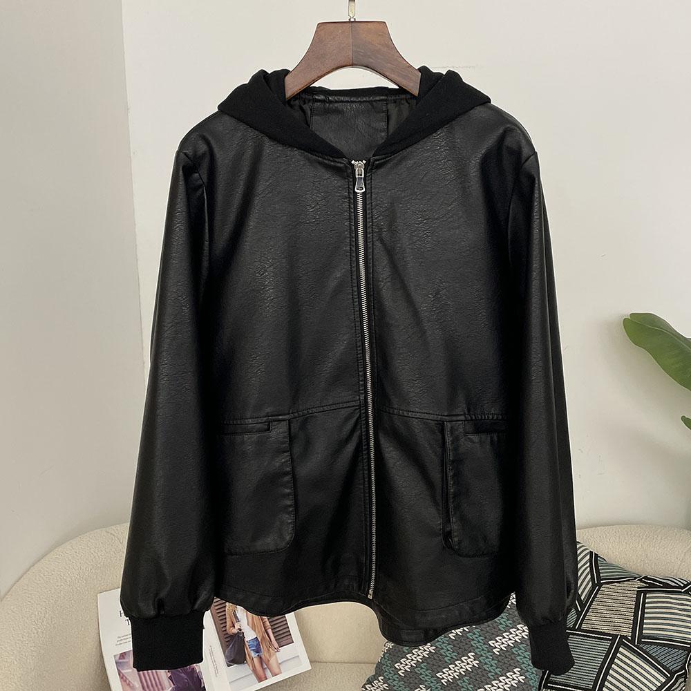 OFTBUY Damen Kapuzenjacke Vintage Locker Pu Kunstleder Hut Kurze Jacke Lässig Motorradjacke Damen Reißverschluss Retro Moto Biker Mantel Oberbekleidung Tops L schwarz