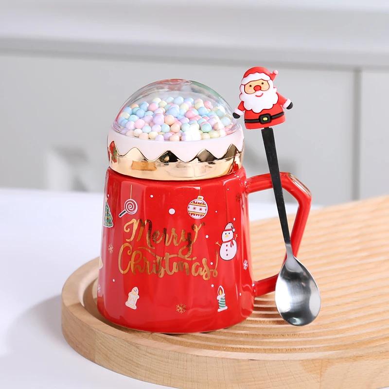 Weihnachtstassen mit Deckel und Weihnachtsmann-Löffel Kreative Planet Keramiktasse Weihnachtsgeschenk Kaffeetasse Milchtasse Trinken Für Zuhause Büro 401-500ml white
