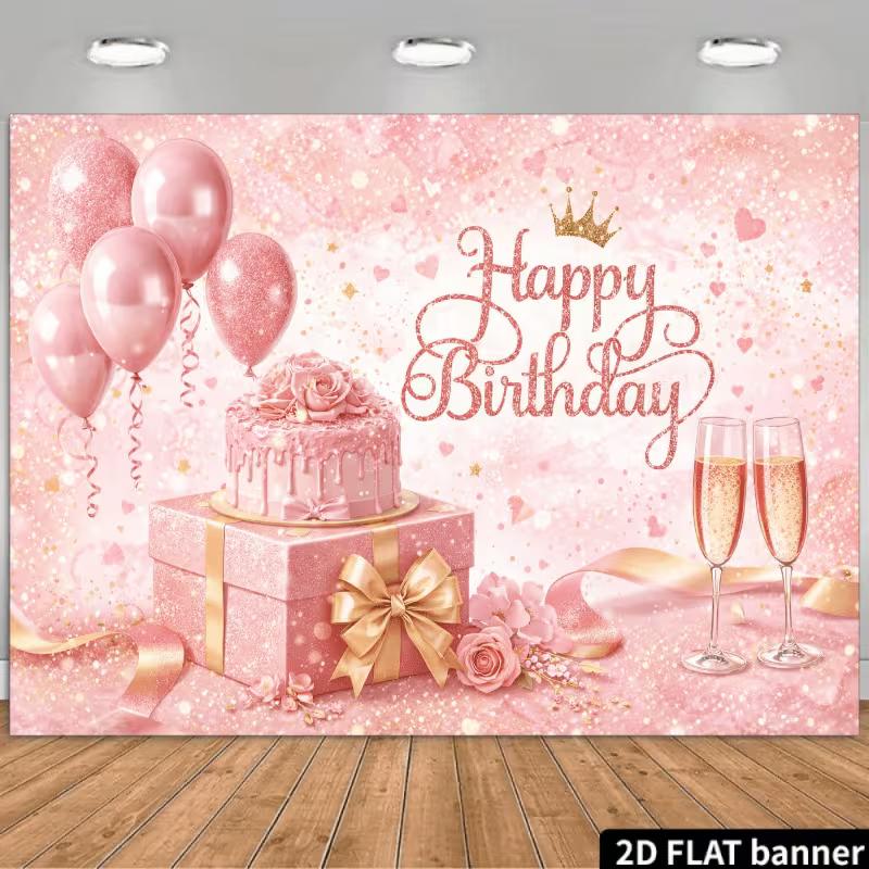 2D Rosa Alles Gute zum Geburtstag Banner Kuchen & Luftballon Party Hintergrund 59x51.1inch/150*130cm white