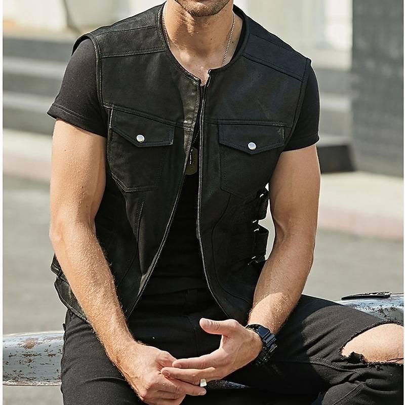Weste für Herren Herren Lederweste Frühling und Herbst Reißverschlussjacke Weste Weste Herren Casual Outdoor XXL schwarz