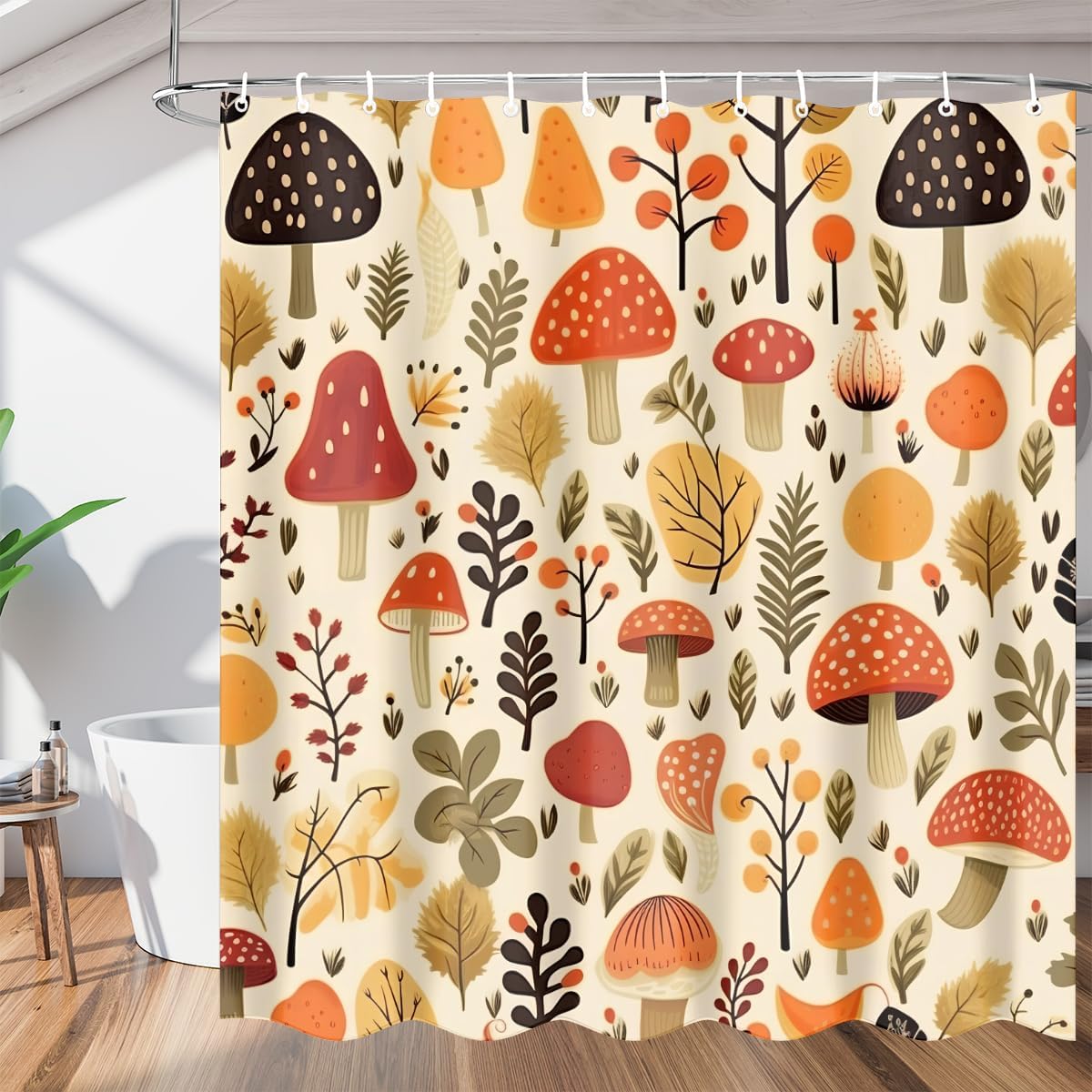 Pardick Tropische Blätter und Pilze Duschvorhang 72x72 Zoll Frühling Badezimmer Duschvorhang Set Mit 12 Haken, Polyester Stoff W60H190(CM)-1 Pcs