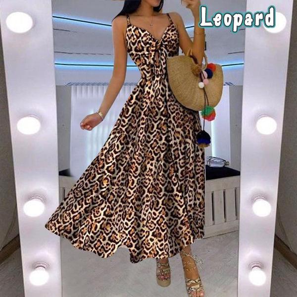 Modische Kleider für Damen, tiefer V-Ausschnitt, ärmellos, Maxi, lässig, Träger, Bohemian-Kleid, Strandkleidung XL Leo-Print