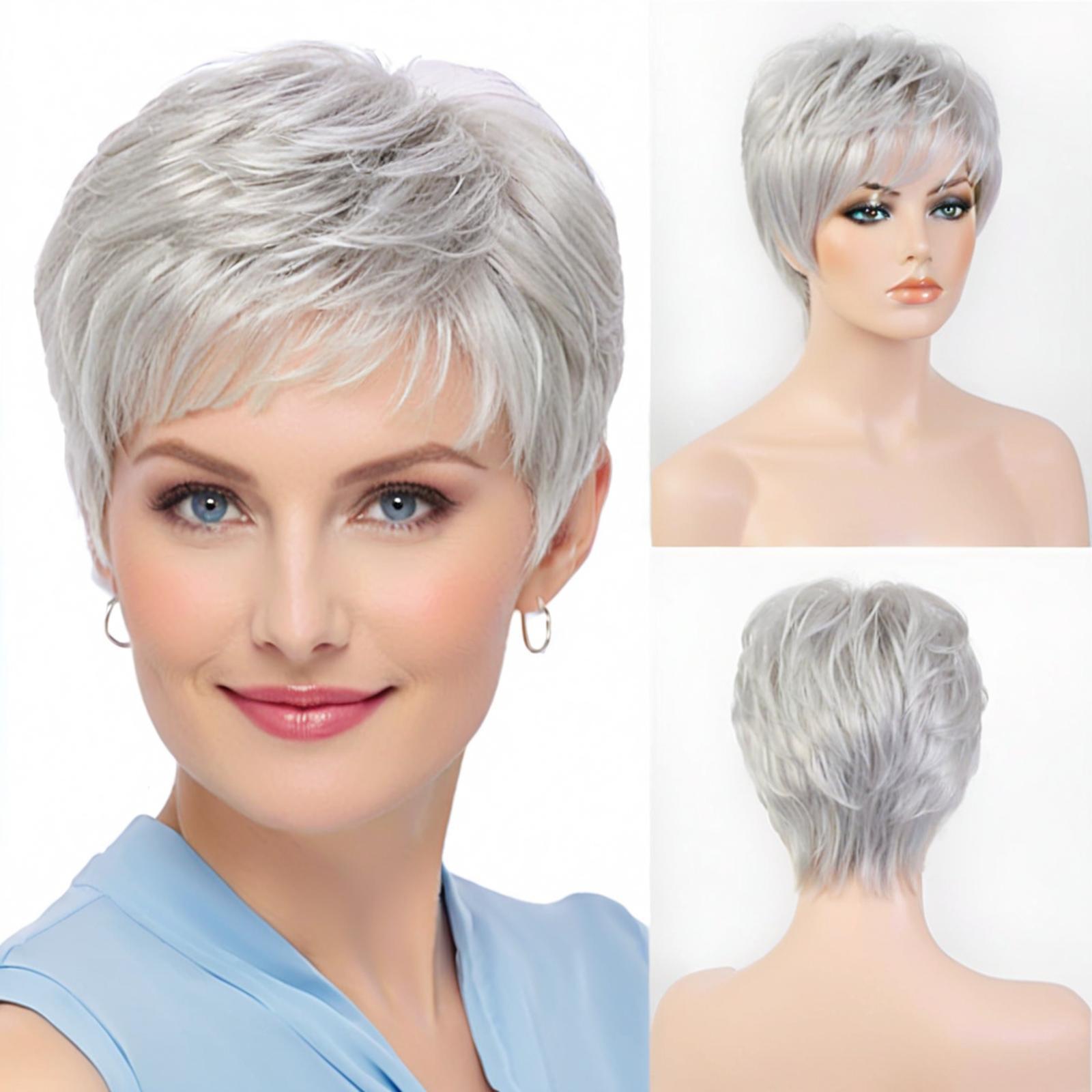 Tägliche Perücke für ältere Frauen, kurz geschnittener Pixie-Schnitt in Silber-Grau mit fransigem Pony, hitzebeständiges synthetisches Haarteil silber