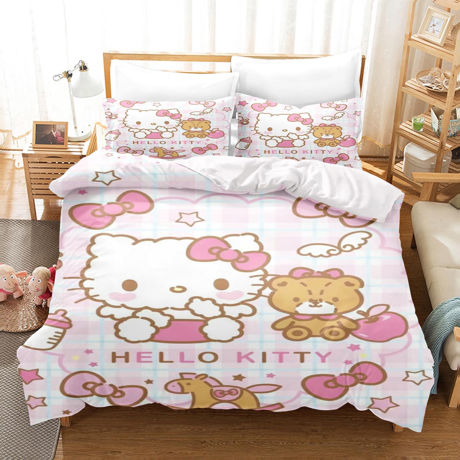 Hello Kitty Schlafzimmer Kinder Bettwäsche Set Bettbezug Komfort Queen Mit Kissenbezug Weihnachtsgeschenke Zuhause EU Single(135*200cm)3pcs