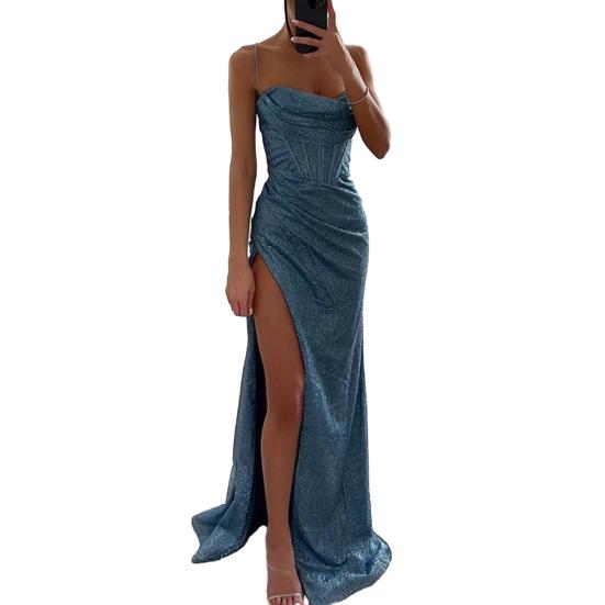 Damen-Abendkleid, Spaghettiträger, glänzende Pailletten, ärmellos, schulterfrei, tief ausgeschnitten, hoch gespalten, locker, hohe Taille, bodenlang, Damen-Abschlussballkleid L blau