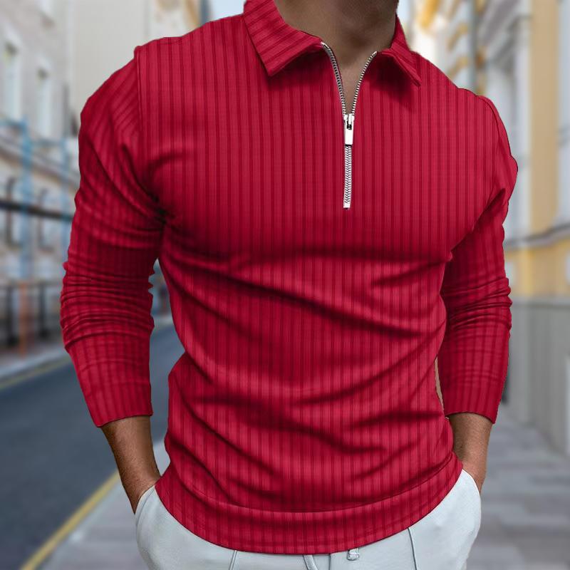 Poloshirts Herren Langarm Feine Linien Print Neues Herren Poloshirt Langarm Reißverschluss T-Shirt Top 2XL rot