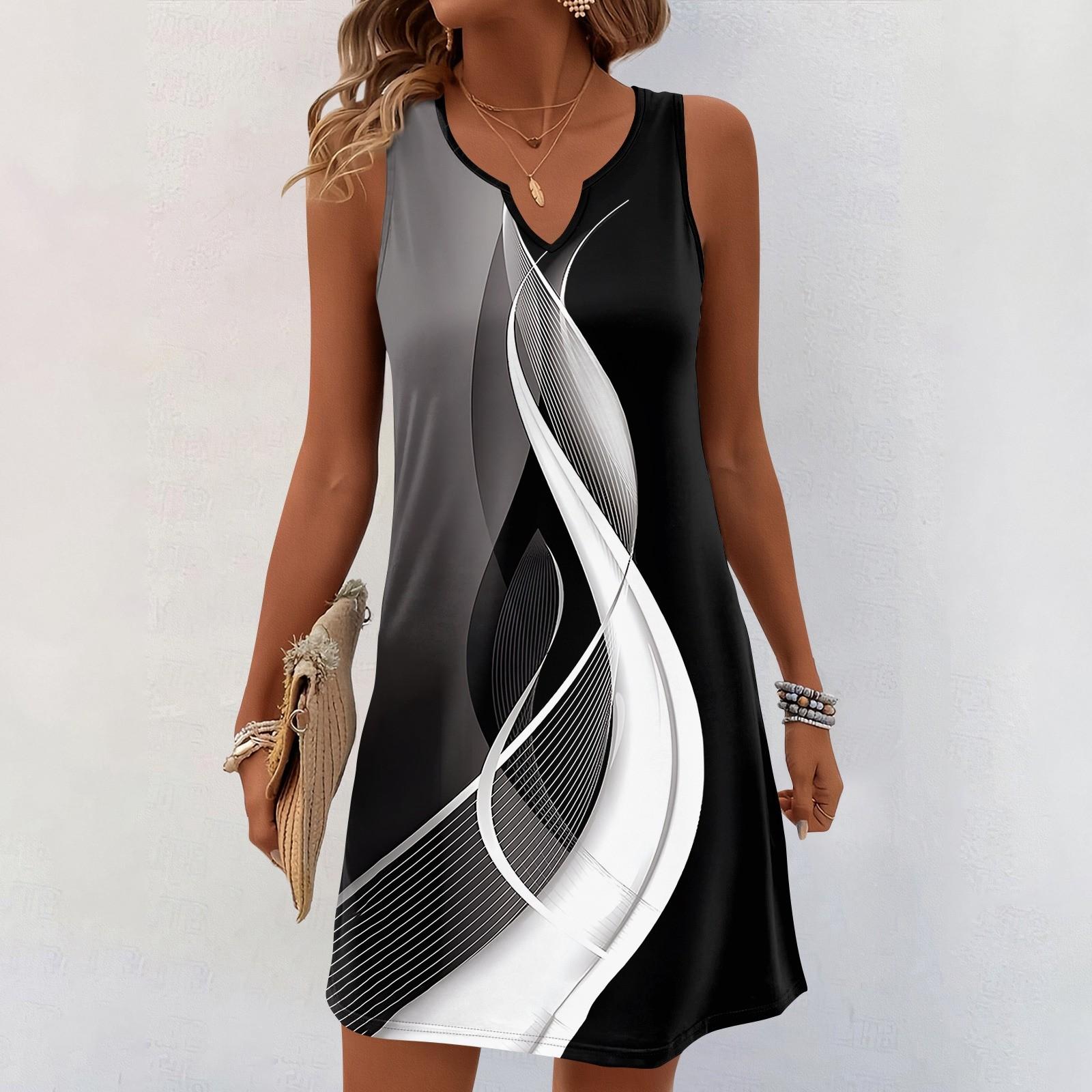 Damen Sommerkleider V-Ausschnitt Print Ärmelloses Sommerkleid Freizeitkleid L schwarz
