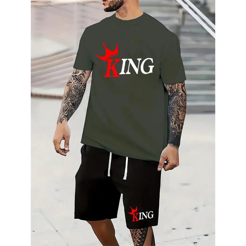 2024 Neue Sommer-Shorts Kurzarm 2-teilig Mode Alltagsanzug King Buchstabenaufdruck T-Shirt Anzug Outdoor Streetwear Sportanzug 6XL