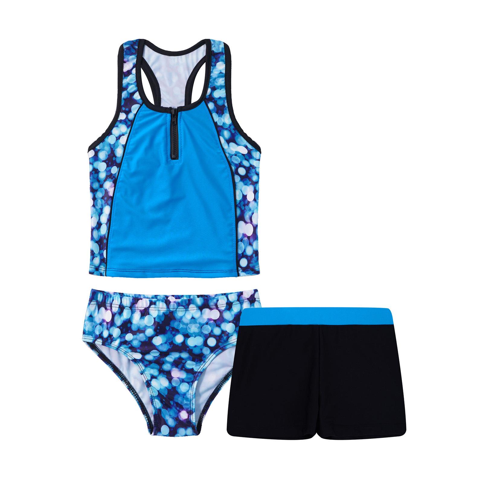 Kinder Mädchen 3-teiliger Badeanzug mit ärmellosem Oberteil und Shorts, Blumenmuster, Tankini-Badeanzug 13-14 Years blau