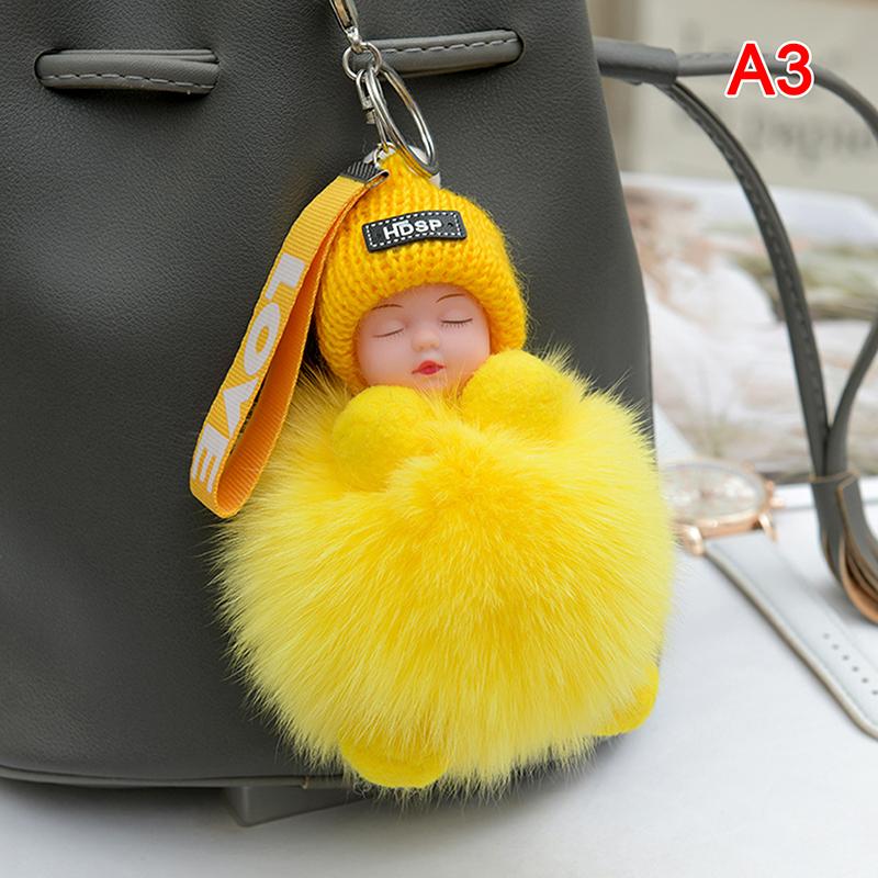 Schlüsselanhänger mit Bommel, schlafendes Baby, niedliche, flauschige Plüschpuppe, Schlüsselanhänger, Damen, Mädchen, Taschen, Schlüsselanhänger, Autos, Schlüsselanhänger, Geschenk, bezaubernde Dekoration yellow