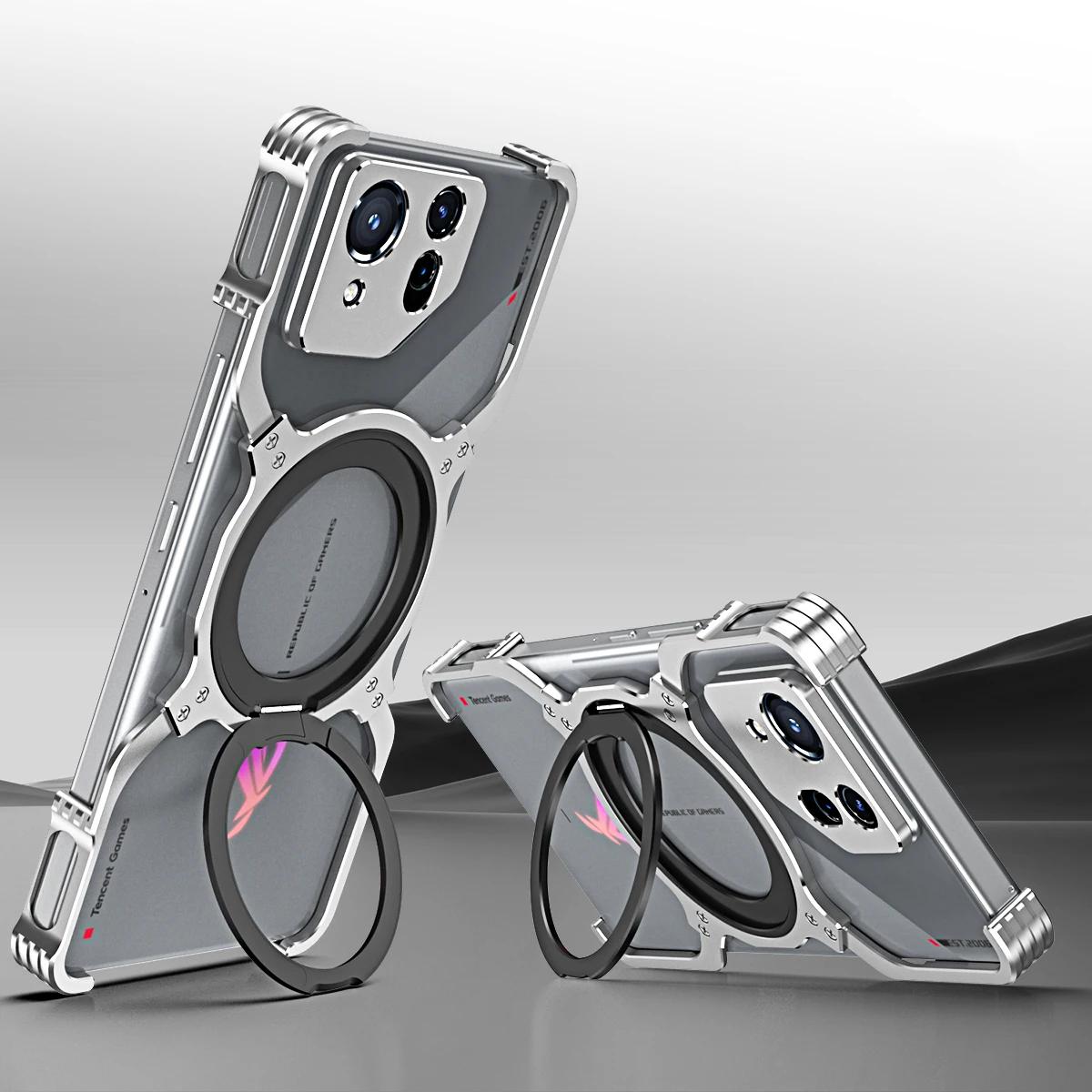 Randloses magnetisches Metallgehäuse für Asus ROG Phone 8 Pro Stoßstange aus Aluminiumlegierung 360° drehbarer Ringständer Linsenschutzrahmenabdeckung For ROG Phone 8 Pro silber