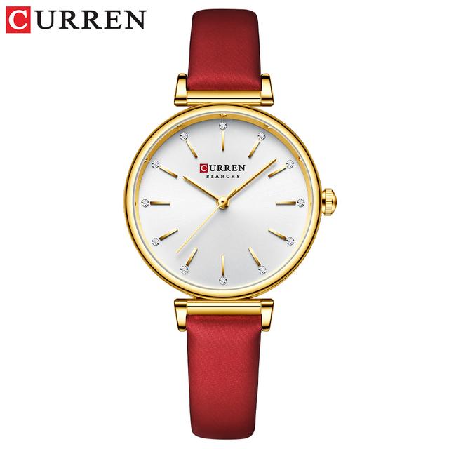 CURREN Damenuhren, neue Top-Marke, Luxus-Quarz-Armbanduhr mit Leder, glänzendem Strass-Zifferblatt, grüne Uhr, weiblich rot