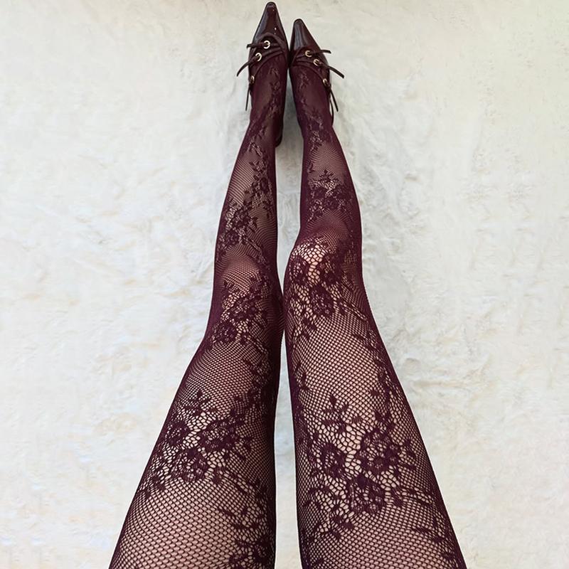 Y2k Lolita Spitze Flora Strumpfhose Damen Sexy Oberschenkelhohe Strümpfe Strumpfhose Lingerie Strumpfwaren Netzstrümpfe Damen Strumpfhose M wein rot