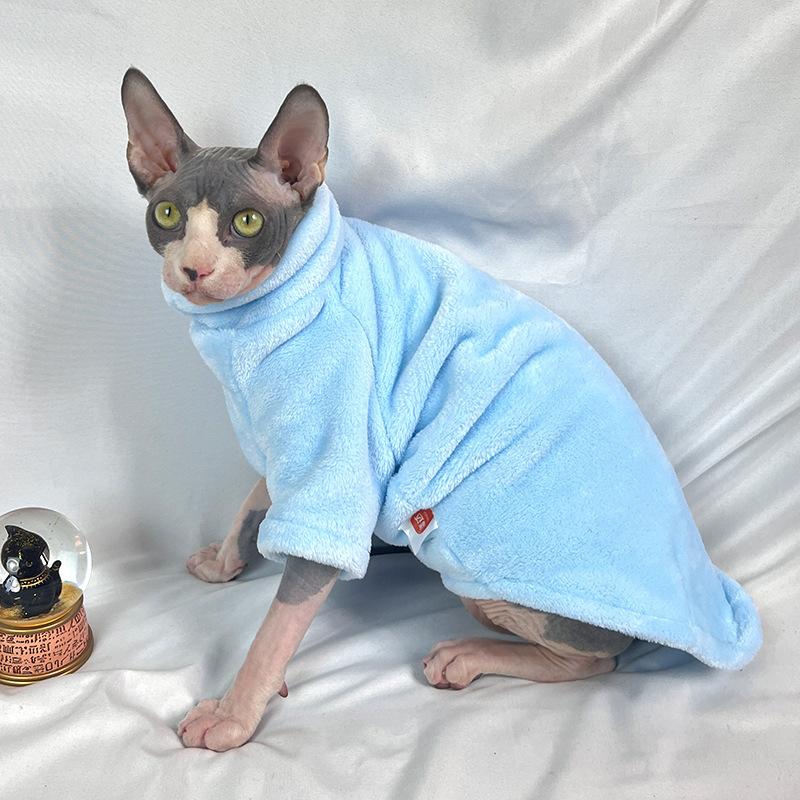 Winter Warme Haarlose Katze Kleidung Rollkragen Katze Pullover Mantel Weiche Flusen Pullover Hemd Verdicken Sphynx Katze Kleidung Haustier Kleidung M hellblaue