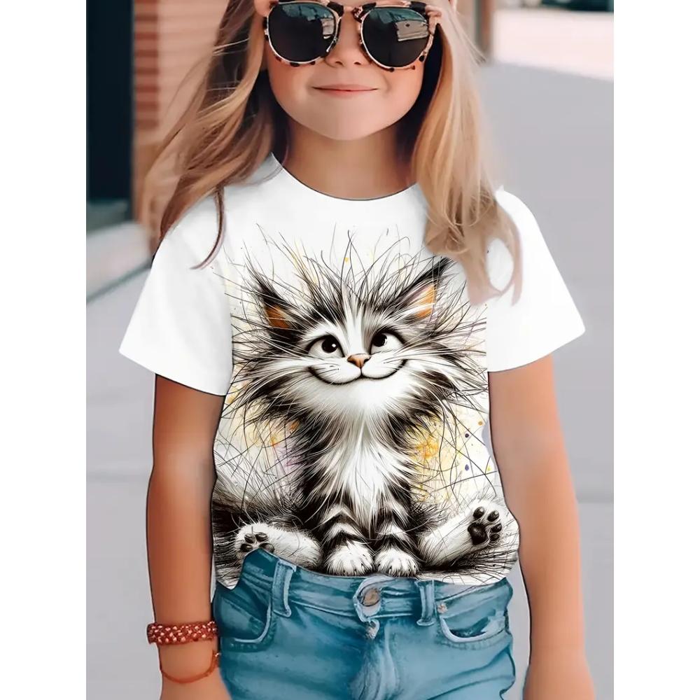 2025 Mädchen Kleidung Niedliche Katze Kurzarm Grafik T-Shirts 3D Druck Sommer Outdoor Kleidung für Kinder Oberteile T-Shirt 110