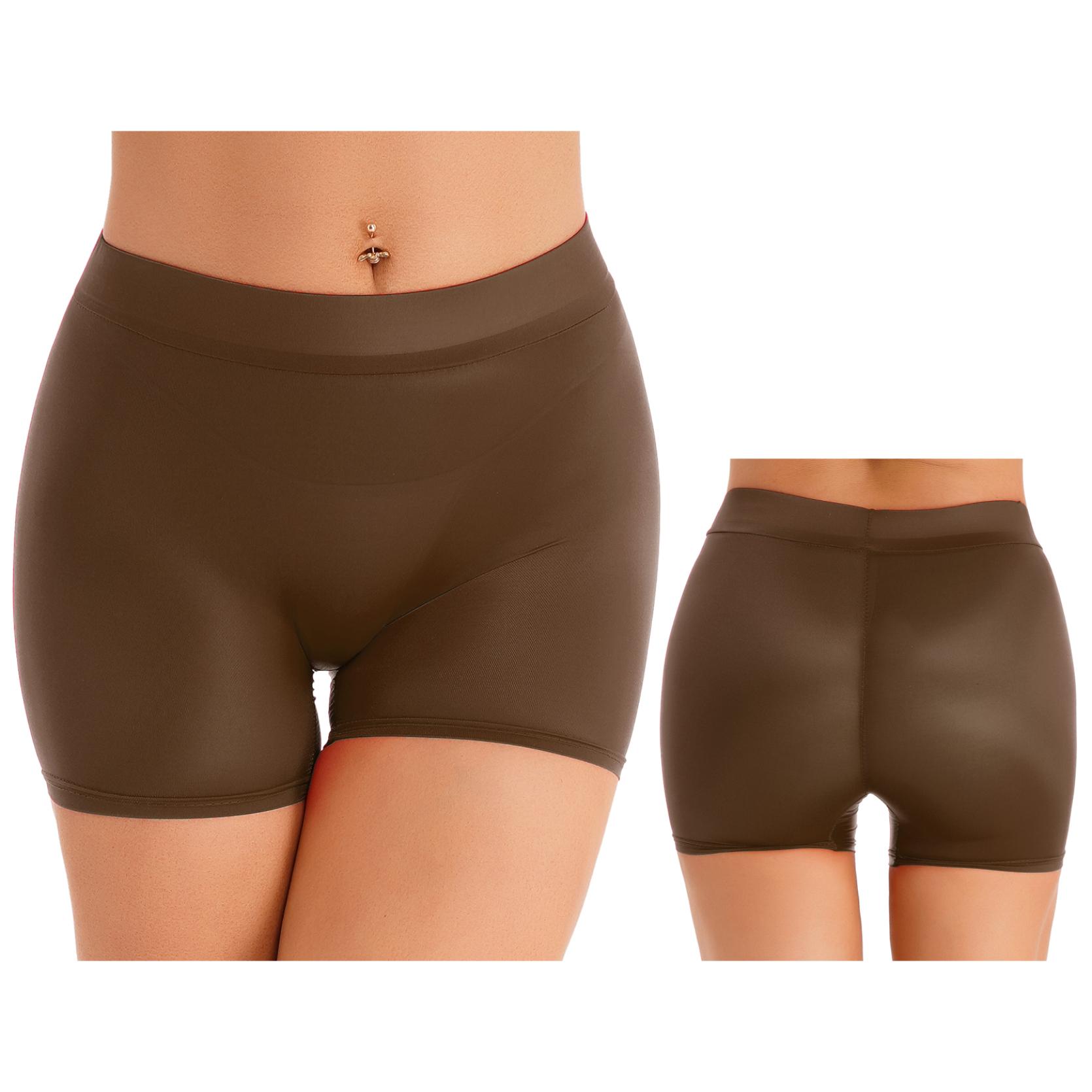 Halbdurchsichtige Damen-Shorts, glänzend, dehnbar, kurze Hose mit niedrigem Bund, Unterwäsche, Nachtwäsche One Size kaffeebraun