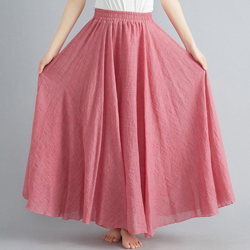 Sommer Herbst Damen Rock Literarisch Große Baumwolle Leinen Halbrock Elastische Taille Leinen A-Linie Rock Langer Abschnitt Reine Farbe Wind Swing Rock M rot