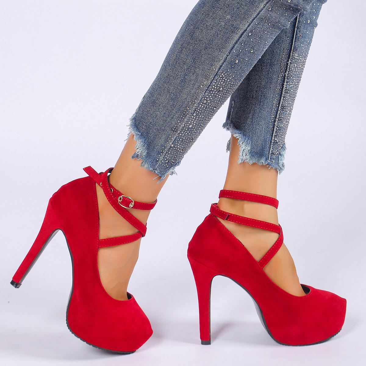 Mode Frauen Pumpen 2024 Neue Runde Kappe Plattform High Heels Frauen Schnalle Sexy Stiletto High Heels Schuhe für Frauen Zapatos de Mujer 39 rot