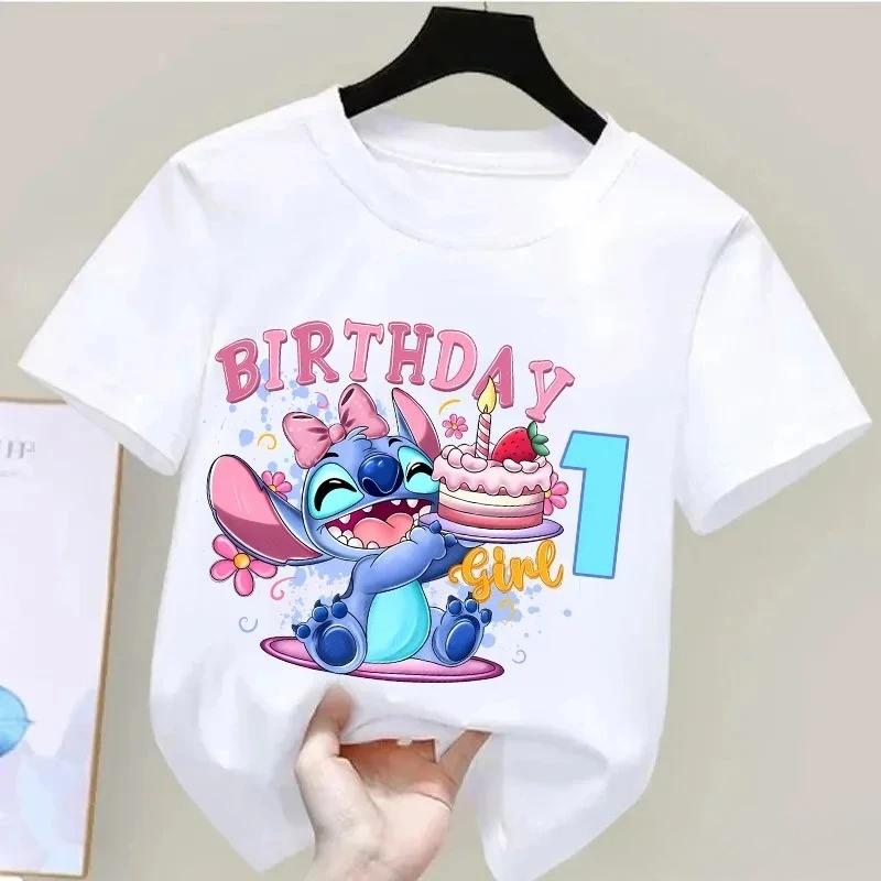 Lilo Stitch Nummer T-Shirt Kurzarm Geburtstagsshirt Baumwoll Tops Niedliche Anime Kinderkleidung Kleinkind Geschenke Cartoon Druck Rundhals 140