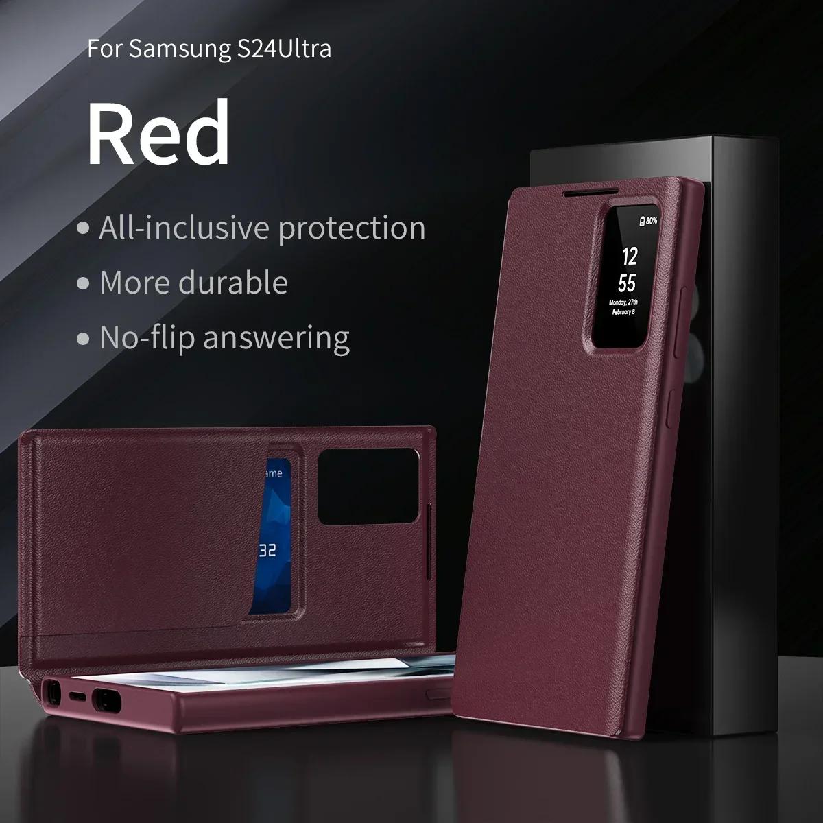 Leder-S-View Windows Wallet Flip Case für offizielles Samsung Galaxy S25/S24/S23/S22 Ultra Plus S23 FE S25edge A56 A55 Kartenfach Stoßfeste Abdeckung For Galaxy S22Ultra&With Packet Box rot