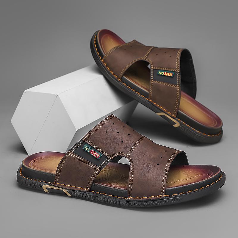 Supergroße Herren-Sandalen Klassische Leder-Hausschuhe Sommerliche Weichsohlen-Hausschuhe Leichte Outdoor-Herren-Hausschuhe 47 braun