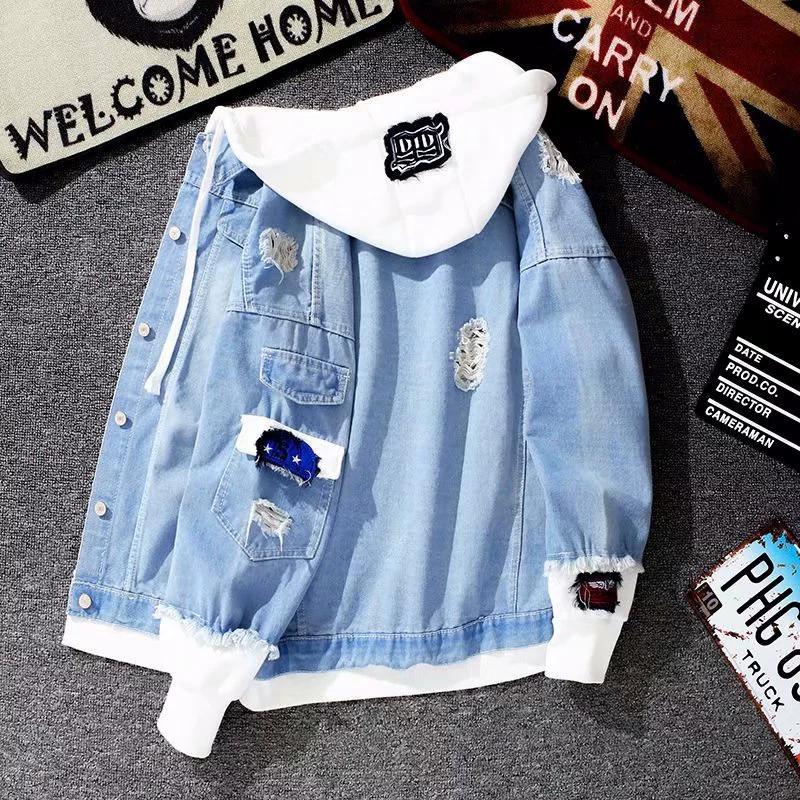 Frühling und Herbst Splicing Fake Zweiteilige Cowboyjacke Koreanische Edition Trendy Lässig Vielseitig Locker Arbeitskleidung Kapuzenjacke XXXL hellblaue