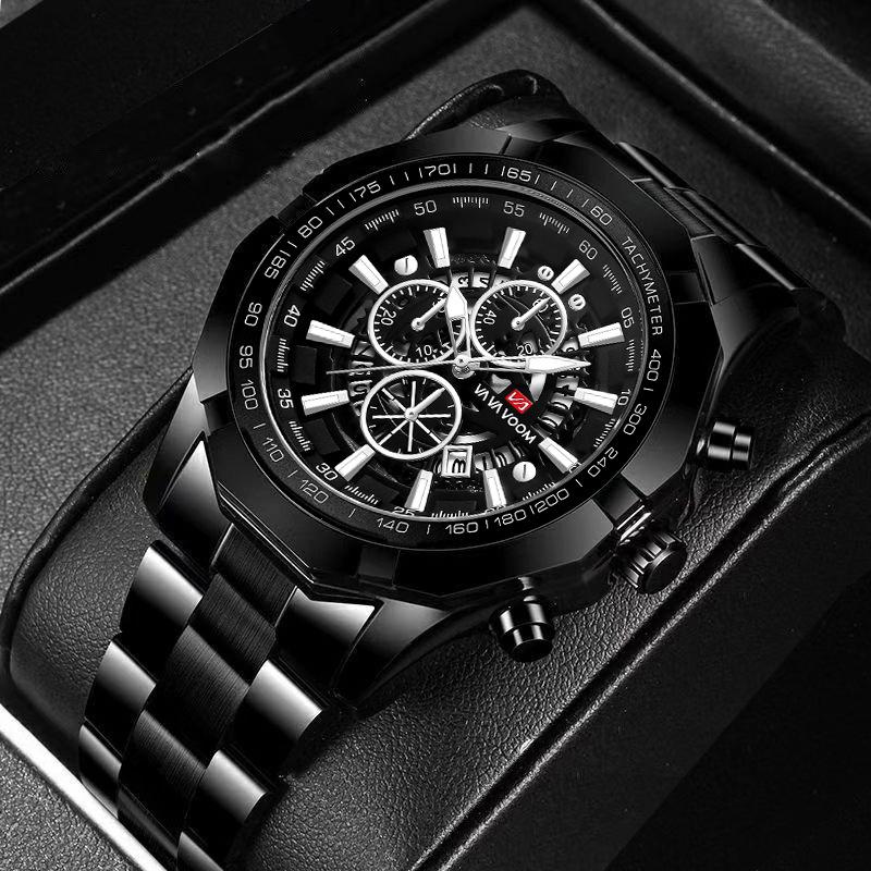 VA VA VOOM Mode Quarzuhren Herren Sportuhren Luxus Edelstahl Kalender Leuchtende Uhr Herren Business Wasserdichte Chronographen-Armbanduhr schwarz/silber