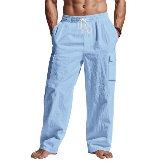 Herren-Baggy-Hose aus Leinen, lässige Hose mit Kordelzug in der Taille, weites Bein, lockere Passform, Sommer-Strand-Yoga-Hose mit Taschen für den Alltag im Urlaub S hellblaue