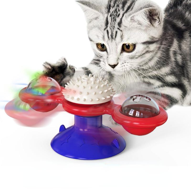 Windmühlen-Katzenspielzeug, interaktives Haustierspielzeug für Katzen, Puzzle-Katzenspielspielzeug mit Whirligig-Drehteller für Windmühlen-Katzenspielzeug, Katzen-Spinner, Katzen-Spinner-Spielzeug With light-up ball dunkelblaue