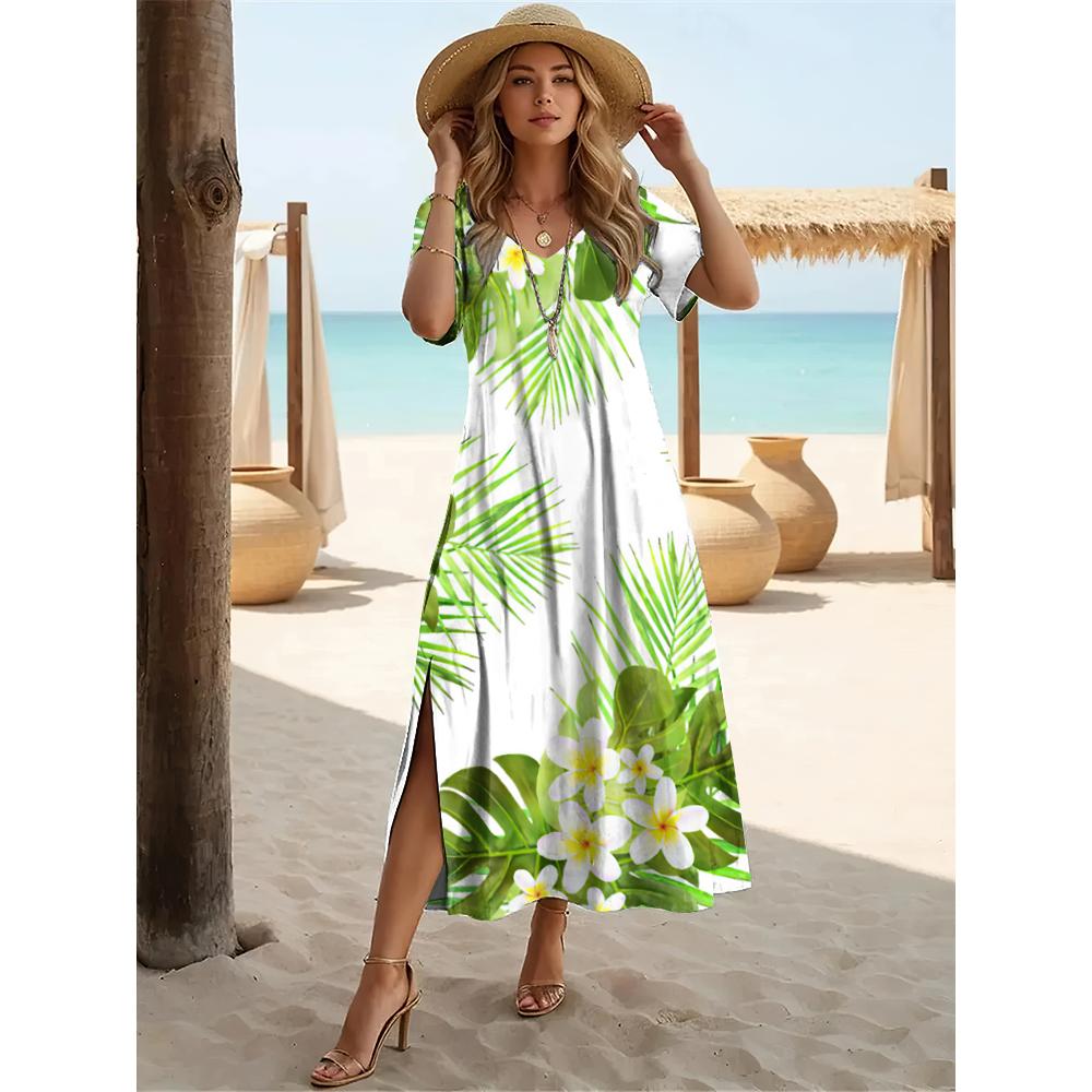 2024 Hawaiian Damenkleider Coconut Tree Print Midikleider Urlaub Weibliches Kurzarmkleid Mode Sommer V-Ausschnitt Design 8XL beige