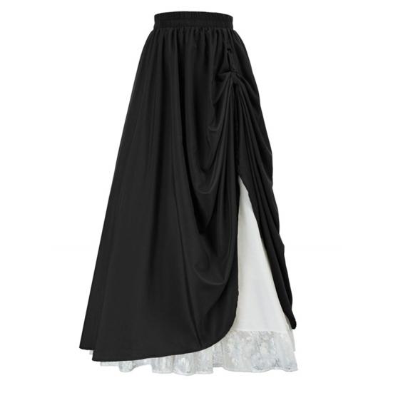 Frauen Spitze Nähte Seite Plissee Maxi Rock Einfarbig Doppel Schicht Langen Rock Elastische Hohe Taille Retro A-linie Rock 2XL schwarz
