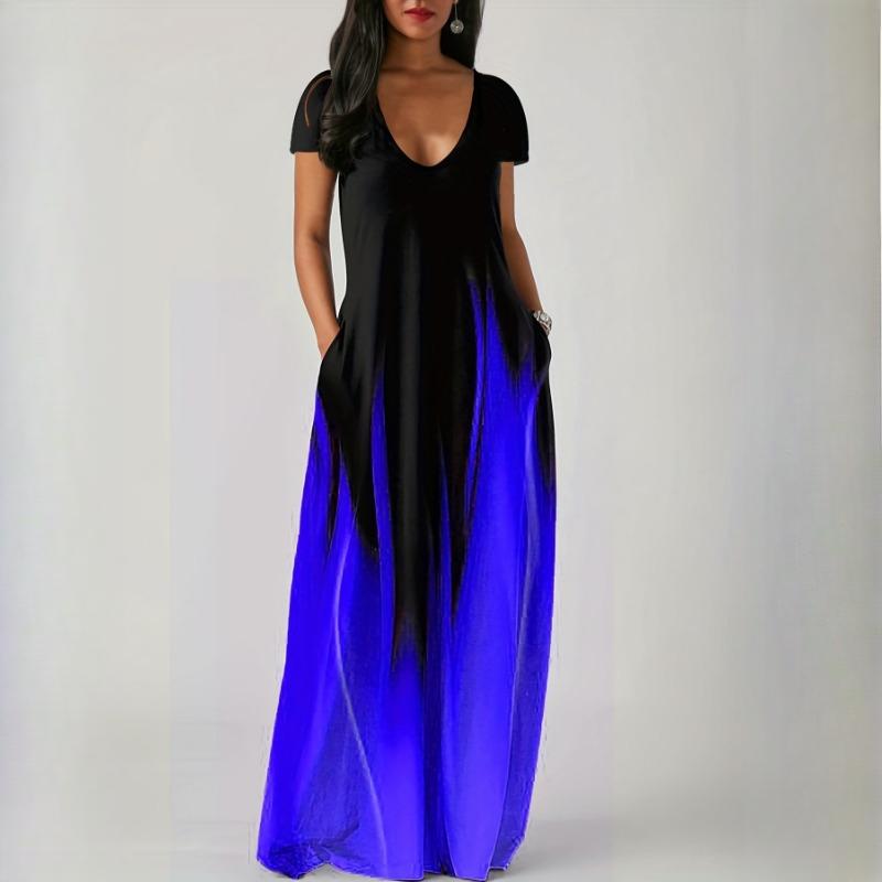 GMXIA Sommer Locker Bedruckt Lässig Sexy Damen Langkleid Taschen Lange Kleider XXXXXL blau