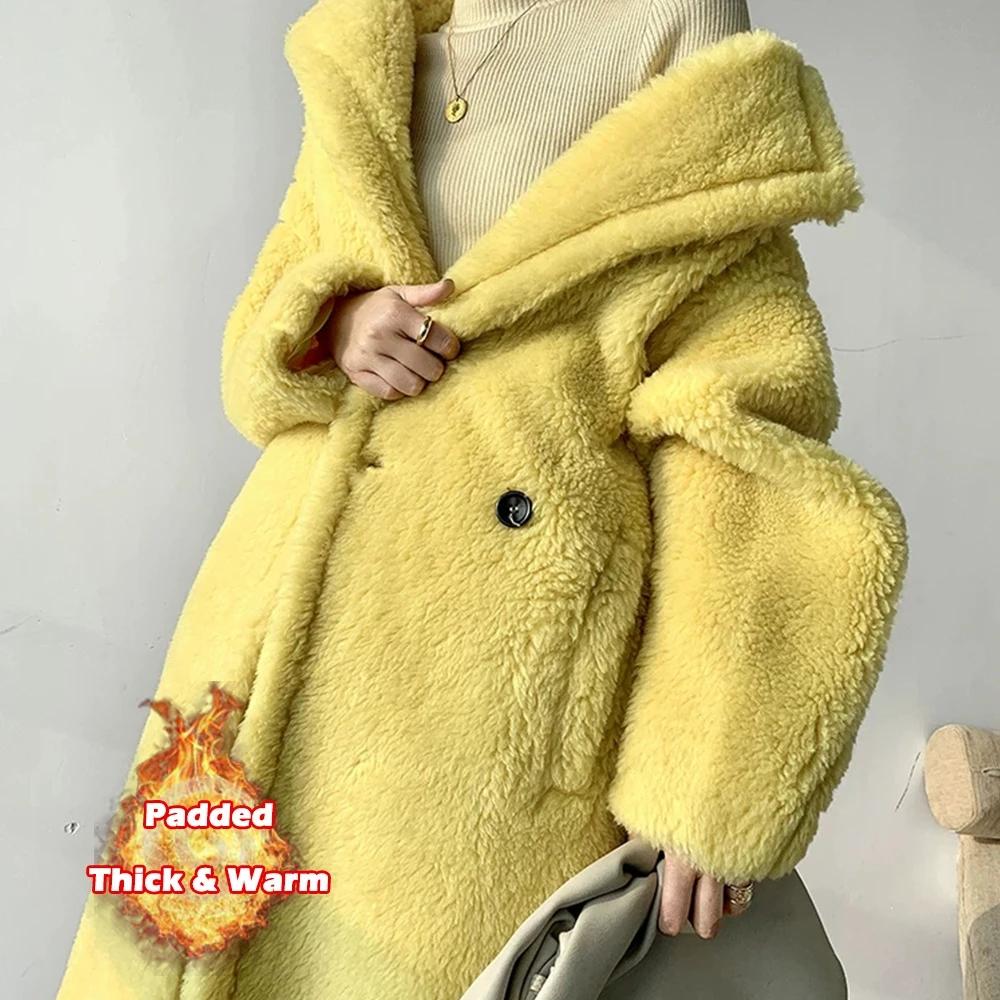 Lange Teddybär Jacke Mantel Frauen Winter Dicke Warme Übergroße Klobige Oberbekleidung Mantel Frauen Faux Lammwolle Pelz Mäntel XXL gelb